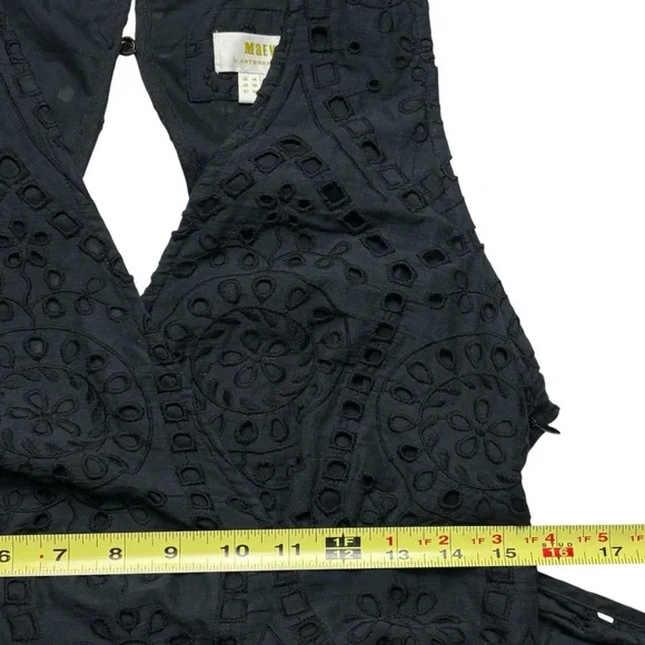 Anthropologie Maeve Eyelet Faux Wrap Midi Dress Size 10 Black Self Tie Belt - Picture 11 of 14